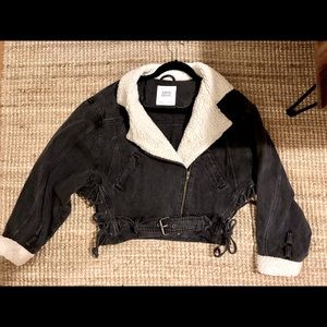 ZARA Sherpa Lined Black Denim Jacket Size Small - Great condition!